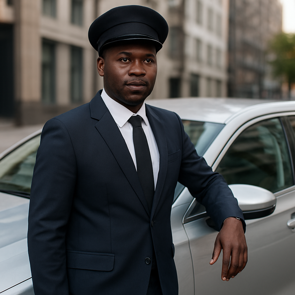 Professional driver beside a car